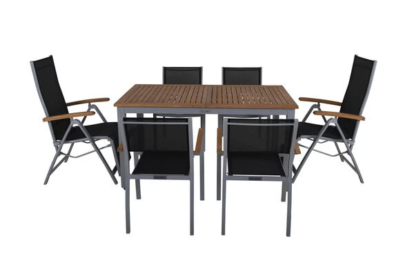 VILLANA Esstischset, Silber/schwarz, Alu/FSC-Akazie, Ausziehtisch 150/200 X 90 Cm, 2 Relaxsessel, 4 Stapelsessel 9 VILLANA Esstischset, Silber/schwarz, Alu/FSC-Akazie, Ausziehtisch 150/200 X 90 Cm, 2 Relaxsessel, 4 Stapelsessel – Bild 7