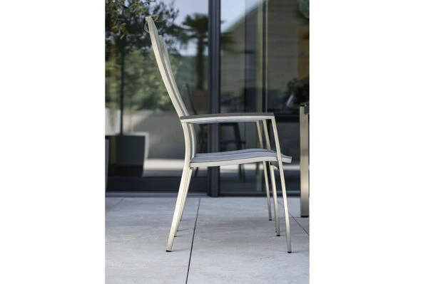 STERN Cardiff Esstischgarnitur, Silber, Edelstahl/Textilen/FSC-Teakholz/Alu, 162/220 X 90 Cm, 6 Stapelsessel, Butterfly-Auszug 9 STERN Cardiff Esstischgarnitur, Silber, Edelstahl/Textilen/FSC-Teakholz/Alu, 162/220 X 90 Cm, 6 Stapelsessel, Butterfly-Auszug – Bild 7