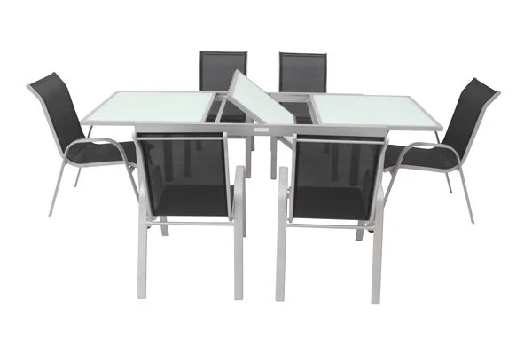 VILLANA Esstischgruppe, Silber/schwarz, Alu/Textil, Ausziehtisch 160/220 Cm, 6 Stapelstühle 10 VILLANA Esstischgruppe, Silber/schwarz, Alu/Textil, Ausziehtisch 160/220 Cm, 6 Stapelstühle – Bild 8