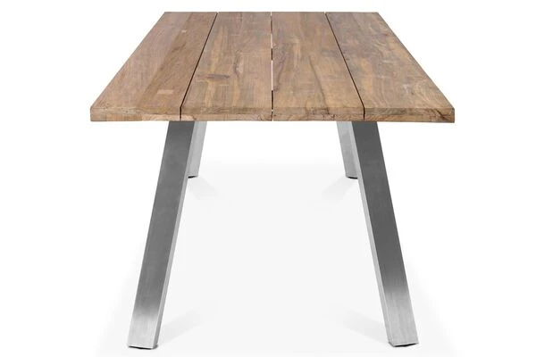 OUTFLEXX Esstischgarnitur, Edelstahl/recyceltes FSC-Teak, Tisch 160x90 Cm, 4 Hochlehner- Diningsessel, A-Gestell 10 OUTFLEXX Esstischgarnitur, Edelstahl/recyceltes FSC-Teak, Tisch 160x90 Cm, 4 Hochlehner- Diningsessel, A-Gestell – Bild 8