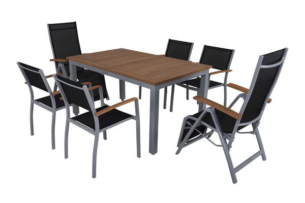 VILLANA Esstischset, Silber/schwarz, Alu/FSC-Akazie, Ausziehtisch 150/200 X 90 Cm, 2 Relaxsessel, 4 Stapelsessel 10 VILLANA Esstischset, Silber/schwarz, Alu/FSC-Akazie, Ausziehtisch 150/200 X 90 Cm, 2 Relaxsessel, 4 Stapelsessel – Bild 8