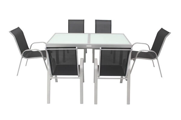 VILLANA Esstischgruppe, Silber/schwarz, Alu/Textil, Ausziehtisch 160/220 Cm, 6 Stapelstühle 11 VILLANA Esstischgruppe, Silber/schwarz, Alu/Textil, Ausziehtisch 160/220 Cm, 6 Stapelstühle – Bild 9