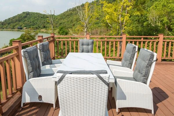 OUTFLEXX Dining Set, Weiß, Polyrattan, Tisch 200x95cm, Spraystone 6mm, 6 Dining Sessel Verstellbar 11 OUTFLEXX Dining Set, Weiß, Polyrattan, Tisch 200x95cm, Spraystone 6mm, 6 Dining Sessel Verstellbar – Bild 9